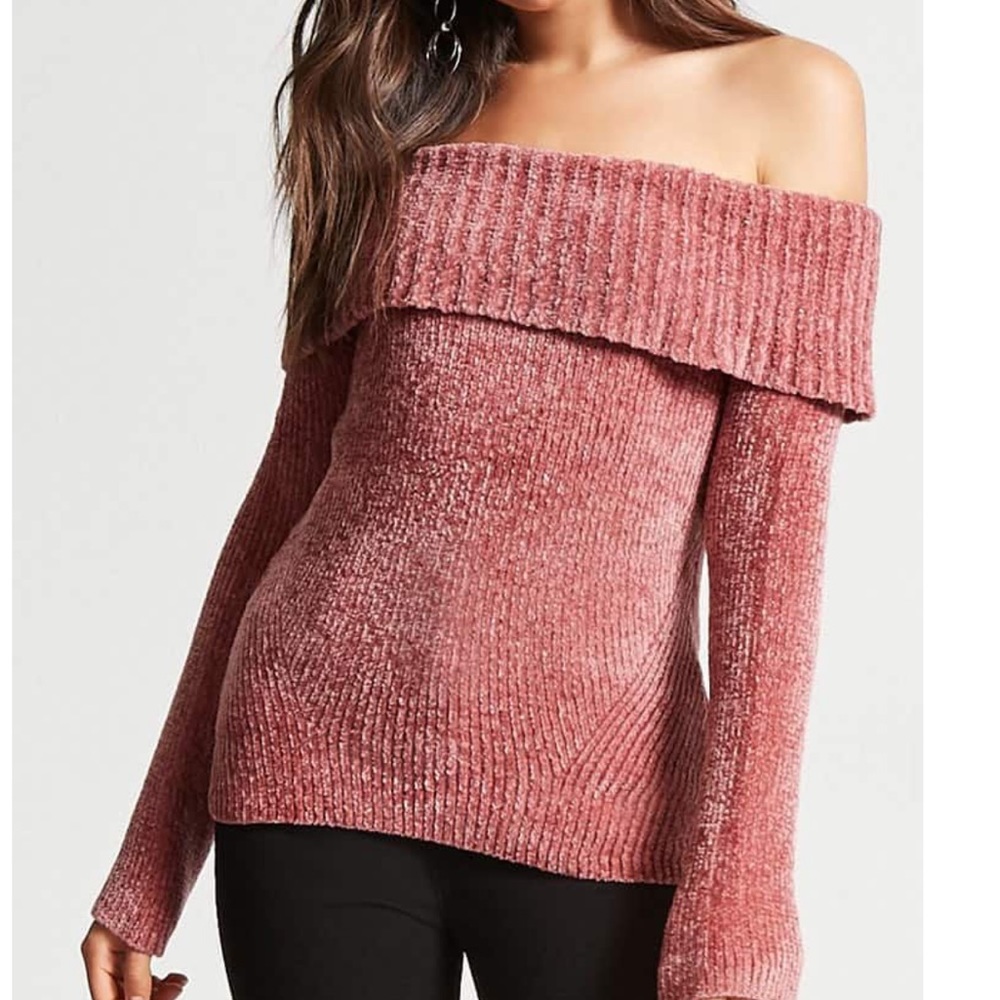 F21 off the shoulder chenille sweater